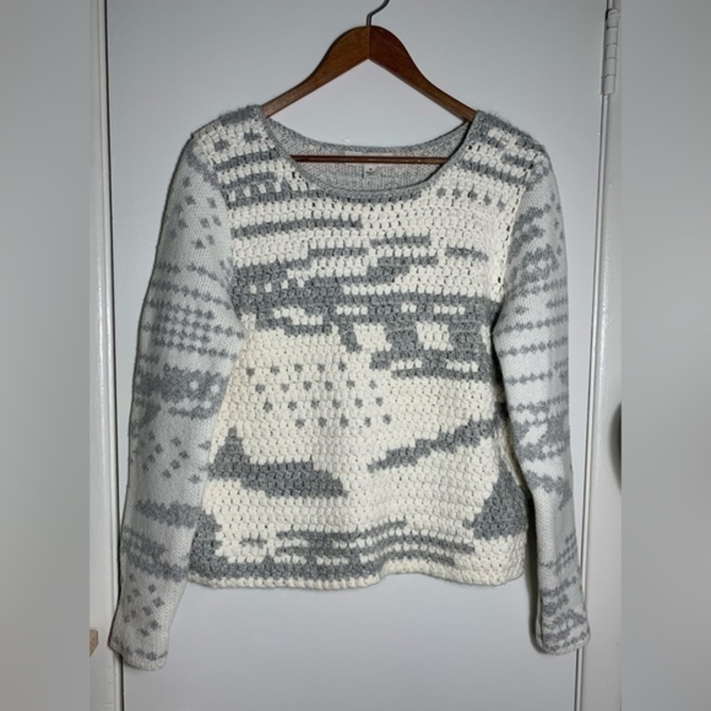 White + Warren Cream and Gray Textured Crewneck Sweater